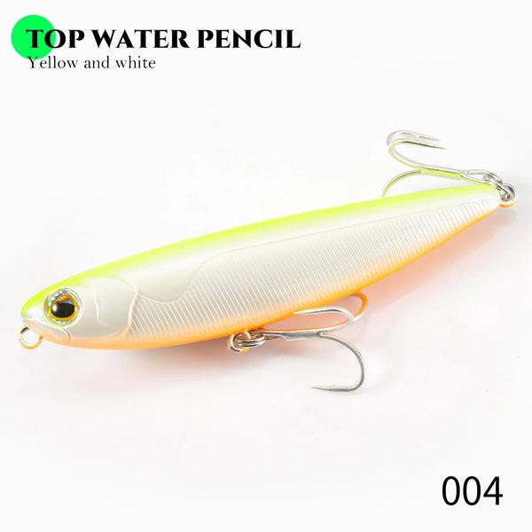 Top water pencil lure, yellow and white body with treble hooks