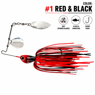 Red and black weedless spinner swim jig with silver spinner blades