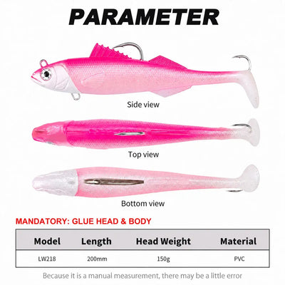 Pink soft swimbait lure shown in side, top, and bottom views with jig head
