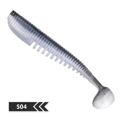 Soft silicone fishing lure, silver and dark blue-striped shad (S04).