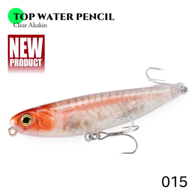Floating pencil lure, clear orange-pink translucent body; gold eye, treble hooks