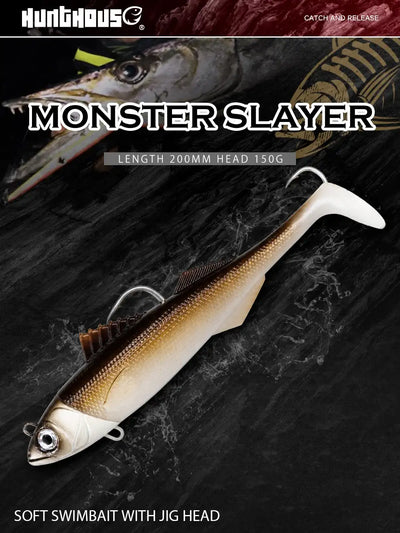 Gold soft swimbait lure with jig head and split-tail body shown on a dark backdrop