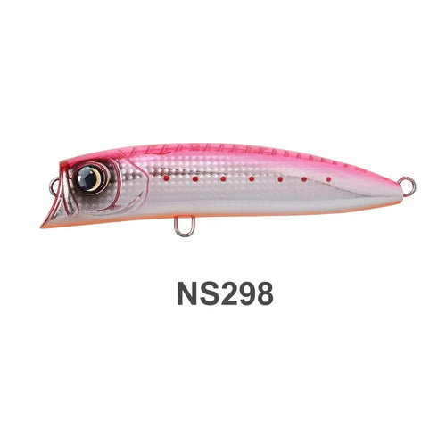Pink and white fishing popper lure with front eye and two metal rings