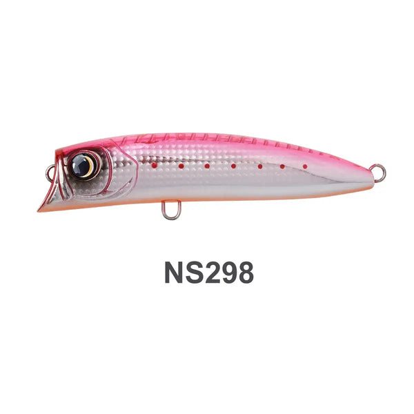 Pink and white fishing popper lure with front eye and two metal rings