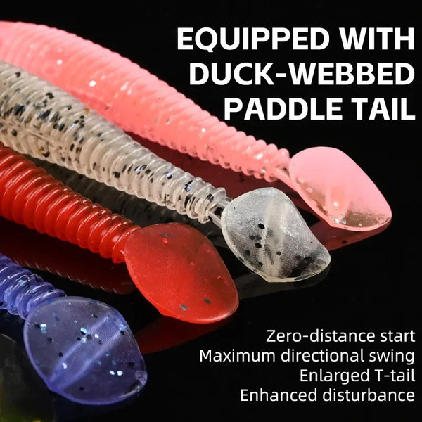 Multi-colored paddle-tail soft plastic lures with duck-webbed tail style