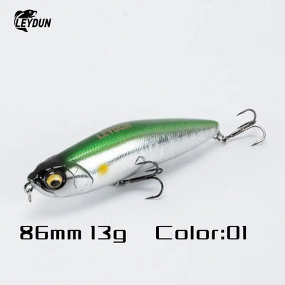 Leydun z-claw floating pencil stickbait in green and silver metallic with black head yellow eye and three bkk treble hooks