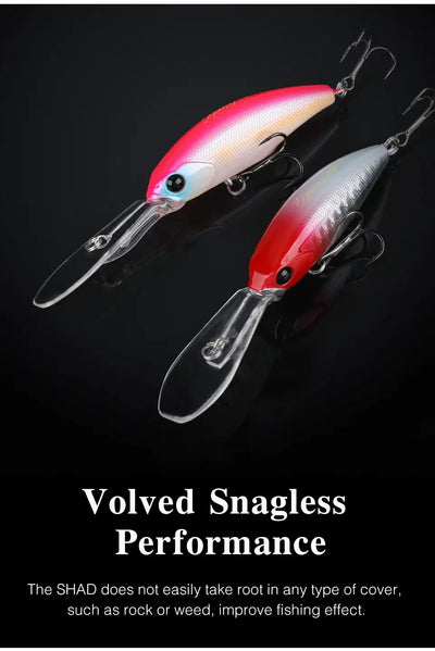 Hard body suspending minnow lure with red-and-white body and treble hooks