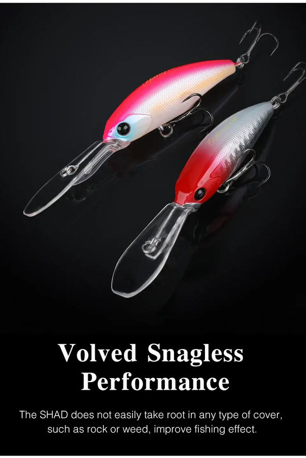 Hard body suspending minnow lure with red-and-white body and treble hooks