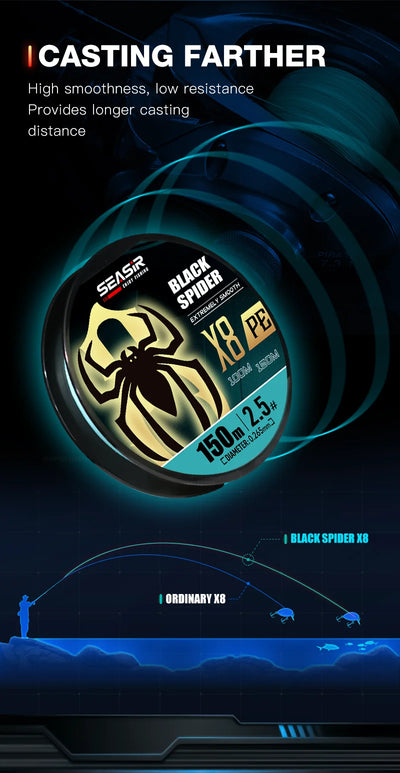 Black Spider PE fishing line spool for X8, 150 m, with casting graphic
