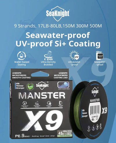 SeaKnight branded braided fishing line box with green spool and X9 label