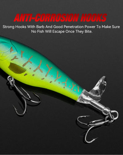 Artificial hard topwater fishing lure, neon green body, clear tail, twin treble hooks