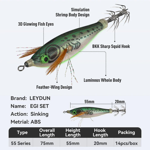 Green shrimp-style squid jig with 3D glowing fish eye and feathered fins