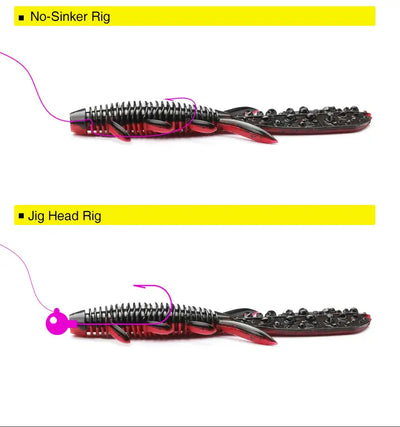 Red and black shrimp soft lure shown on no-sinker and jig-head rig setups