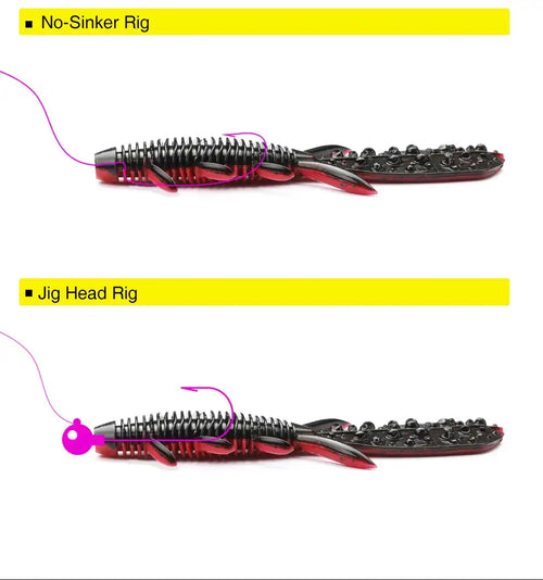 Red and black shrimp soft lure shown on no-sinker and jig-head rig setups