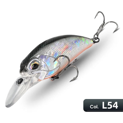 Crankbait lure with chrome, dark back, prismatic sides, and treble hooks.