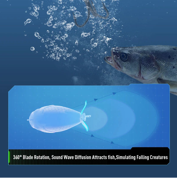 White topwater floating lure with rotating blade and treble hooks