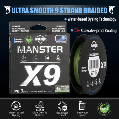 Braided fishing line spool with green line and X9 label for long-casting tackle
