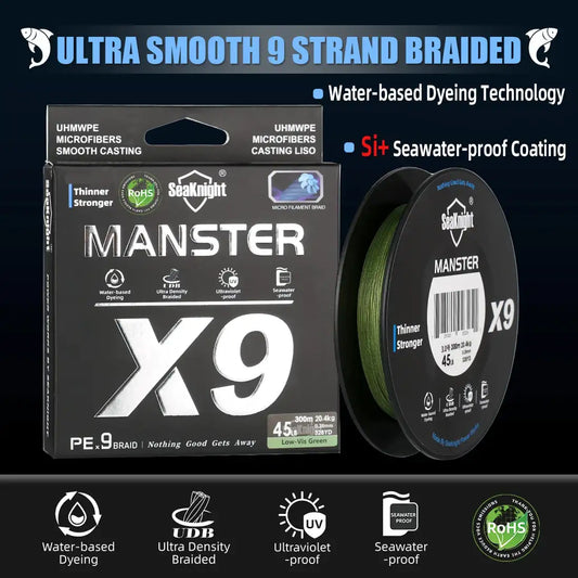Braided fishing line spool with green line and X9 label for long-casting tackle