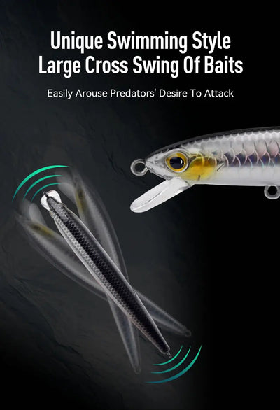 Minnow hard bait lure with gold eye, white body, and treble hooks