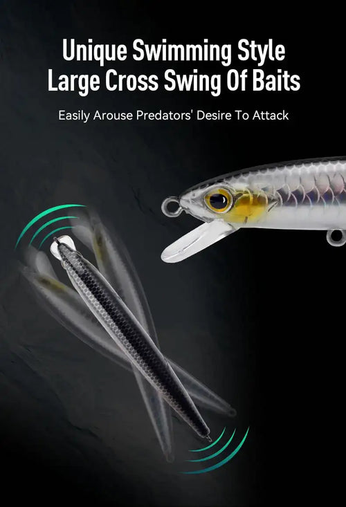 Minnow hard bait lure with gold eye, white body, and treble hooks