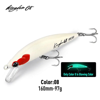 Saltwater sinking minnow lure, 160mm 97g, white body with red mouth, iridescent sides, 2 trebles