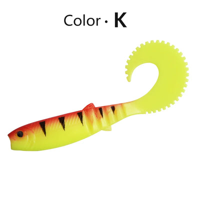 Soft silicone fishing lure, color K: yellow-green body with red head and fork tail