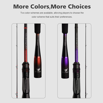 Fishing rod color options shown together, red and purple models with reel seats