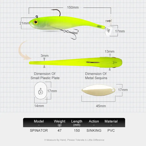 Neon green sinking swimbait spinner lure with hooks and metal blade, size diagram