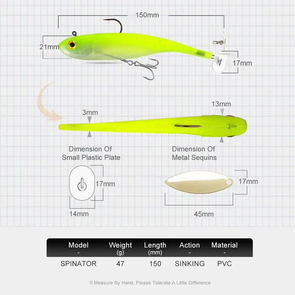 Neon green sinking swimbait spinner lure with hooks and metal blade, size diagram