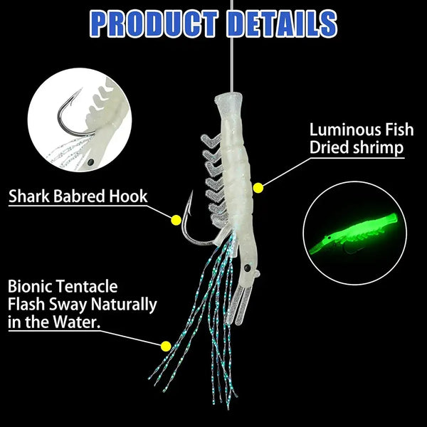 Luminous shrimp fishing bait rig with shark-barbed hook and dangling tentacles