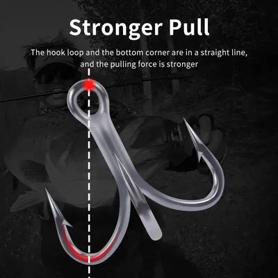 Pair of treble hooks with loop and barbed prongs, alignment guide shown