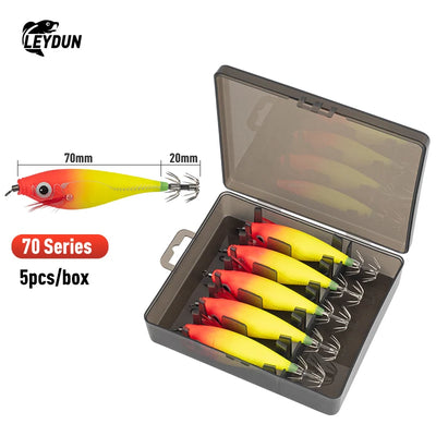 LEYDUN Luminous Squid Jig Set – Horizontal Wood Shrimp | BKK Hooks | ABS Body | 60 & 70 Series | 5-Pack & 14-Pack