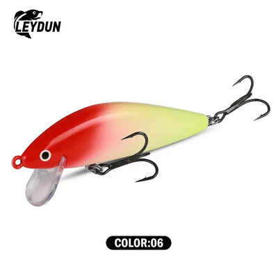 Leydun sinking minnow jerkbait lure in red and yellow gradient with clear lip and triple treble hooks, 55mm and 75mm sizes
