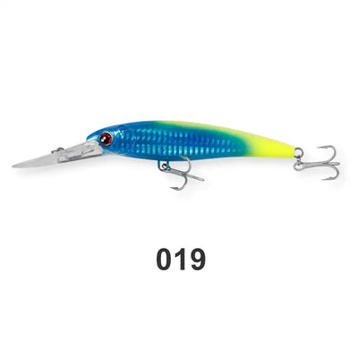 Saltwater trolling minnow wobbler in blue with chartreuse tail and two treble hooks
