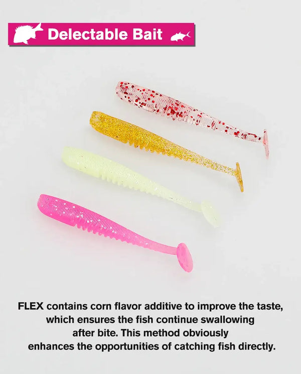 Assorted soft plastic worm lures: pink, white, yellow, and red-speckled bodies