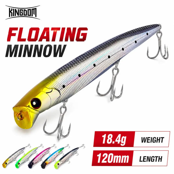 KINGDOM floating minnow fishing lure, yellow head silver body, three treble hooks