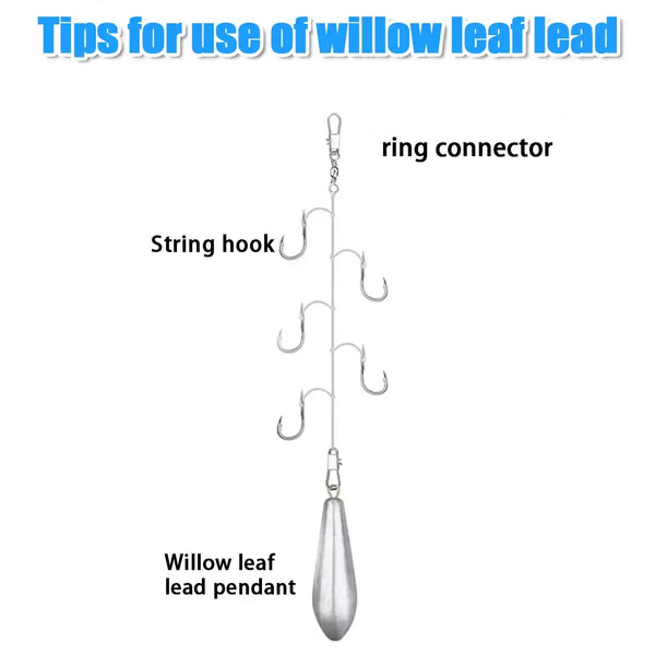 Willow leaf lead sinker pendant with ring connector and string hooks