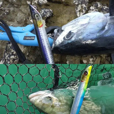 Floating pencil lure, light silver and blue body with yellow side markings and treble hooks