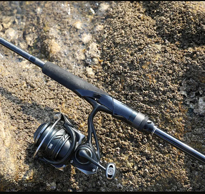 Spinning fishing setup with dark blue rod and black reel, close-up