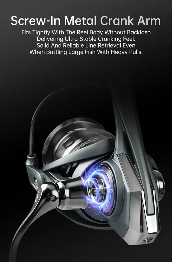 Spinning reel with screw-in metal crank arm and glossy spool housing