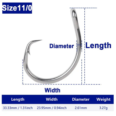 Stainless steel circle fishing hook, Size 11/0, saltwater heavy duty