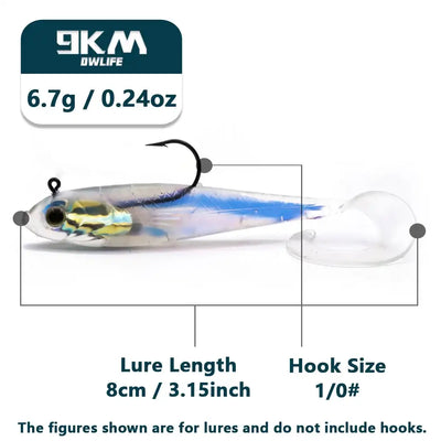 Pre-rigged paddle tail swimbait with white-blue body and clear paddle, 8cm length