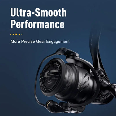 Black spinning reel close-up with textured grip and smooth engagement design