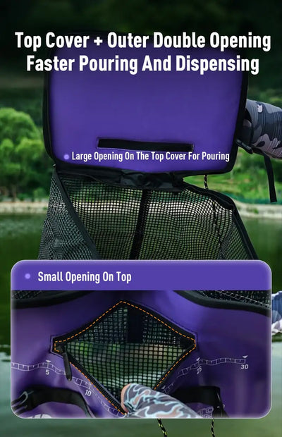 Purple floating fish keep net with top cover and double opening mesh basket