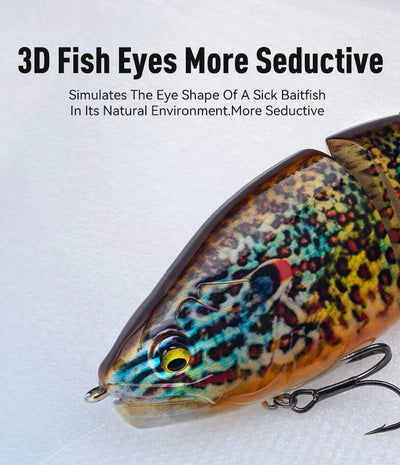 Colorful floating jointed swimbait lure with 3D fish eyes and two treble hooks