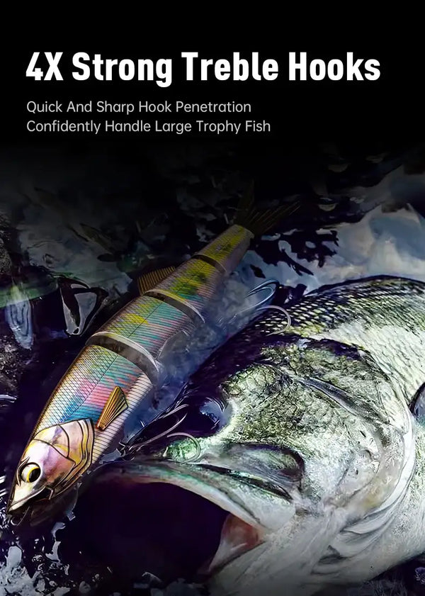 Multi-jointed fishing lure with large treble hooks and iridescent striped body