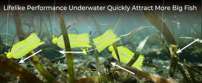 Neon yellow jig lure underwater with multiple skirts and hooks near vegetation.