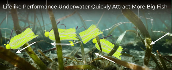 Neon yellow jig lure underwater with multiple skirts and hooks near vegetation.