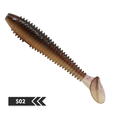 Soft silicone fishing lure, dark brown swirled body with speckles and paddle tail (S02).