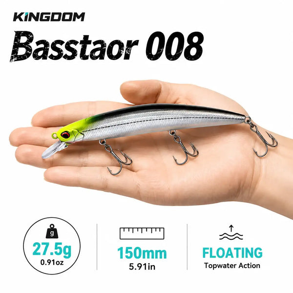 Fishing lure minnow, silver body with neon-green head and clear lip, three treble hooks.